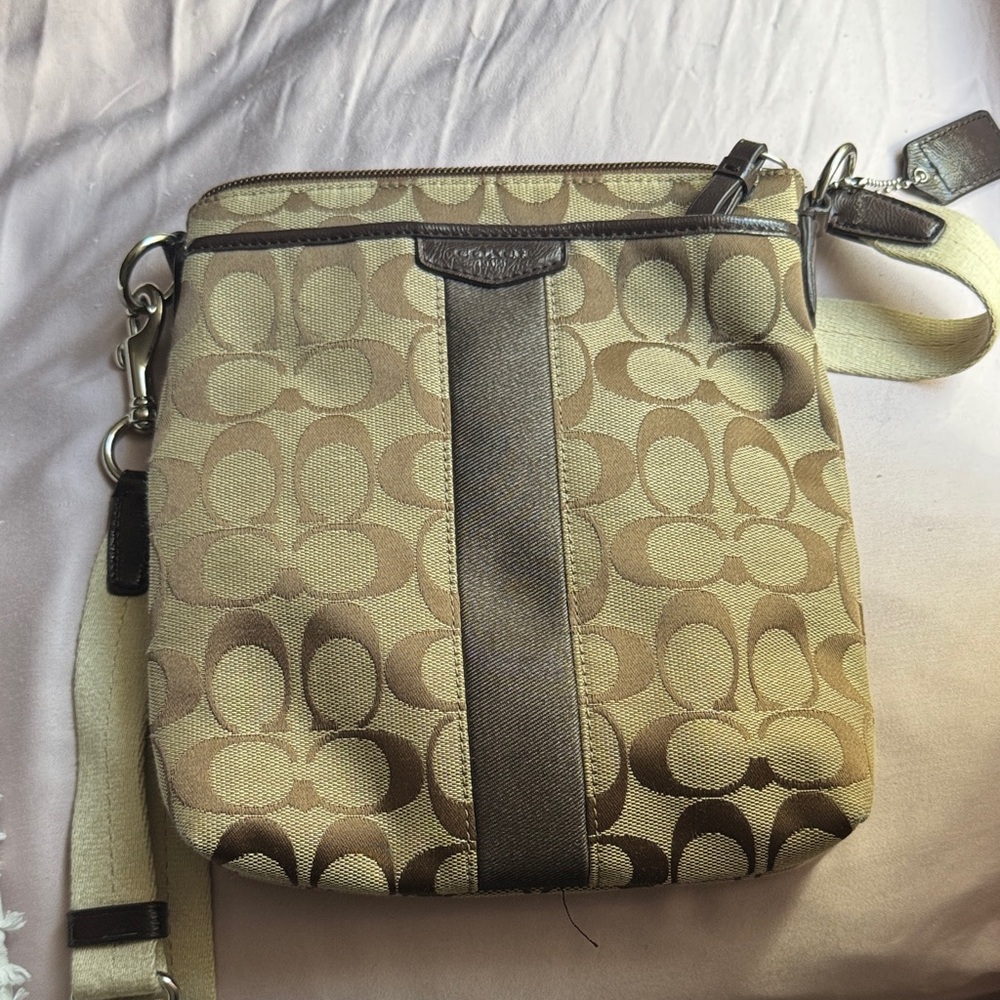 Coach Signature Beige and Brown Shoulder Bag